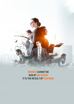 Diverse group of business professionals collaborating, representing teamwork and innovation.