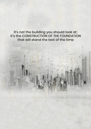 Sketch of a city skyline with inspirational quote about foundations