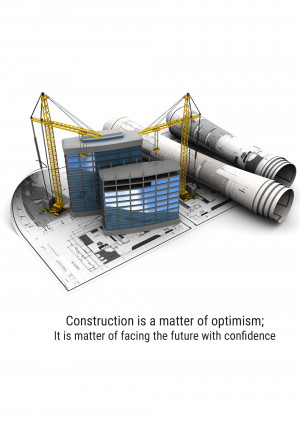 Blueprint of a modern building with cranes in the background