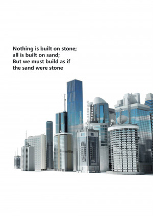 Modern city skyline with text overlay about building on solid foundations.