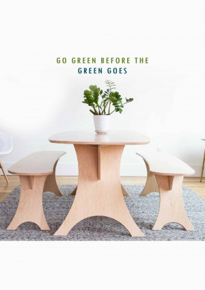 Wooden table and benches in a minimalist interior