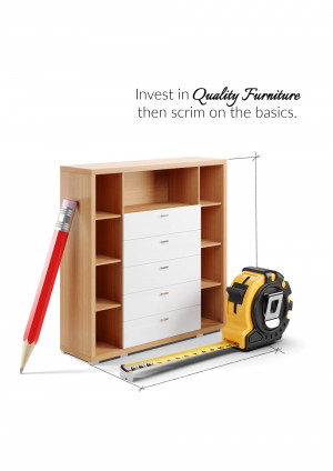 White and wood cabinet with measuring tape and pencil