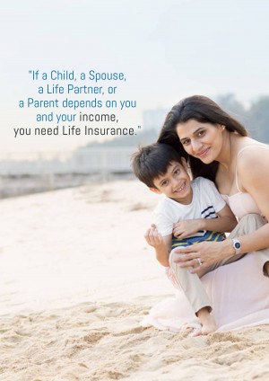 Mother and son on the beach with life insurance text overlay