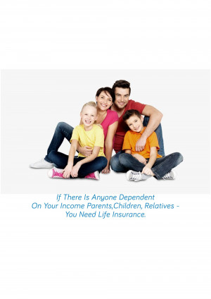 A happy family of four sitting together with text promoting life insurance.