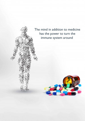 Digital human figure with pills representing the connection between mental health and the immune system.
