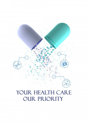 A blue and teal capsule with a glowing molecular structure emerging from it, representing healthcare and medicine.