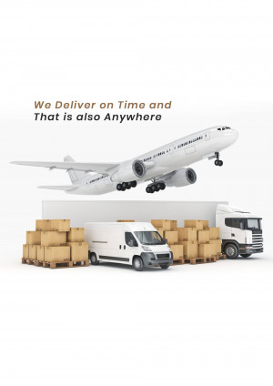 Airplane taking off from a stack of shipping containers and delivery trucks