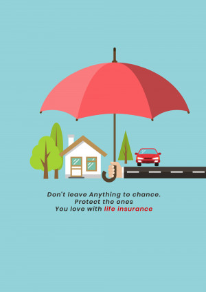 Illustration of a red umbrella protecting a house and a car, promoting life insurance.
