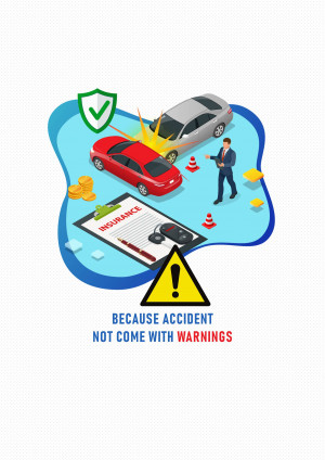 Isometric illustration depicting a car accident and insurance coverage.