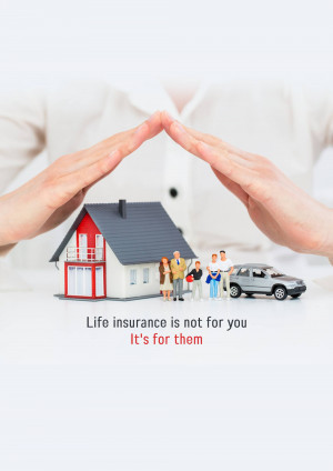 Hands forming a roof shape over a miniature house and family, representing home and life insurance.