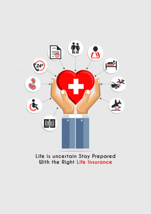 Illustration of hands cradling a heart with medical icons, representing life insurance and healthcare.