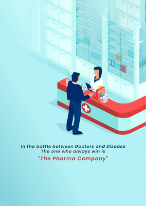 Isometric illustration of a doctor and patient interacting at a pharmacy reception desk.