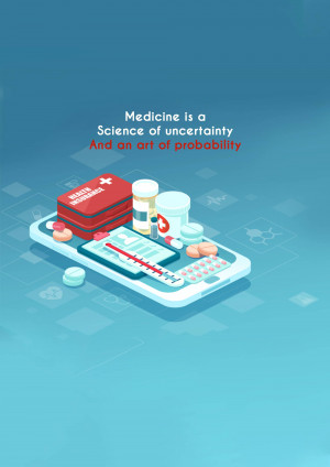 Isometric illustration of a smartphone displaying medical information and supplies.