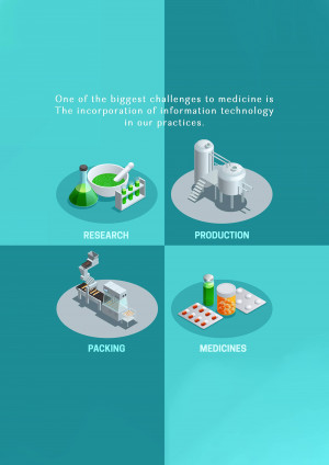 Isometric illustration of pharmaceutical research, production, packing, and medicines.