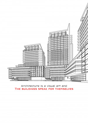 Black and white sketch of modern city buildings with red text
