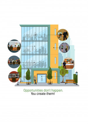 Illustration of a modern office building with circular inserts showing various business interactions.