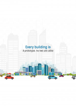 Illustration of a city skyline with cars and the text 'Every building is a prototype, no two are alike'.