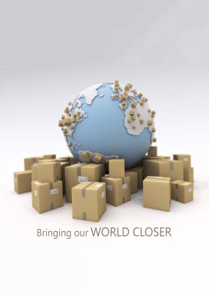 A globe surrounded by cardboard boxes, representing worldwide shipping and delivery.