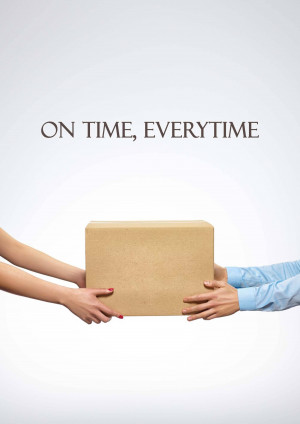 Hands exchanging a cardboard box with the text 'ON TIME, EVERYTIME'