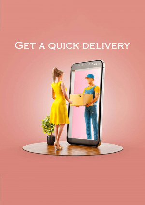 Woman receiving a package from a delivery man through a smartphone screen.