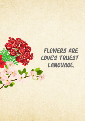 A bouquet of red roses and pink cherry blossoms with a quote about love.
