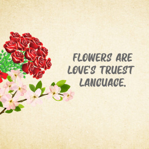 A bouquet of red roses and pink cherry blossoms with a quote about love.