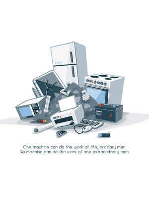 Pile of broken appliances including a refrigerator, computer, printer, and stove.