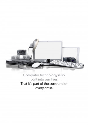 A collection of modern computer accessories including a laptop, mouse, keyboard, camera, and smartphone.