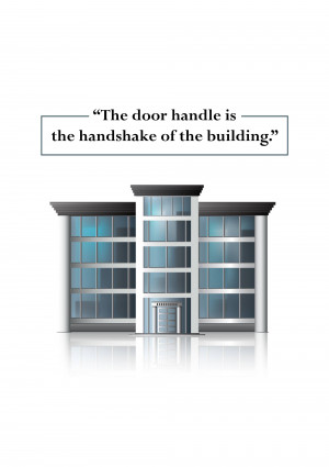 Illustration of a modern building facade with a quote about door handles