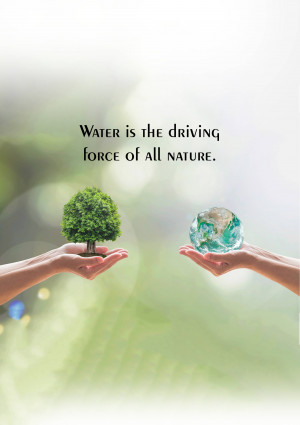Hands holding a tree and a globe representing water as the driving force of nature.