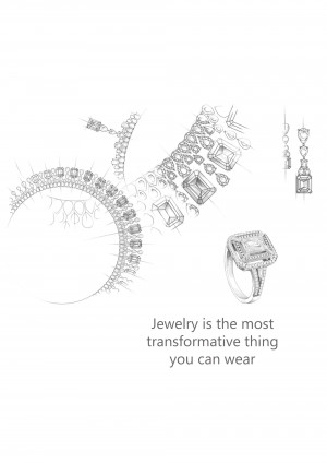 Sketch of diamond jewelry including rings, bracelets, and earrings