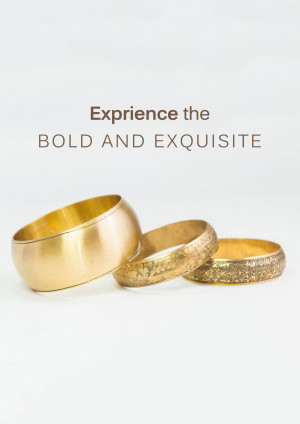 Close-up of three gold wedding bands with varying textures.