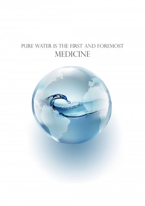 A glass sphere containing a world map with a water droplet inside, symbolizing the importance of pure water.