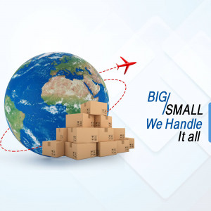 Image depicting global shipping with a plane flying over the Earth and stacked boxes.