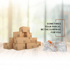 Stack of cardboard boxes with a map and text 'Sometimes your parcel be the surprise for you'
