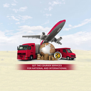 Illustration of a plane carrying a globe and trucks representing international and national courier services.