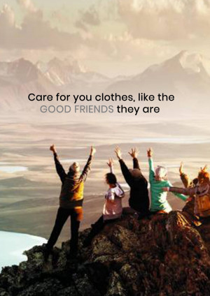 Group of people with arms raised in front of a mountain landscape with text overlay.