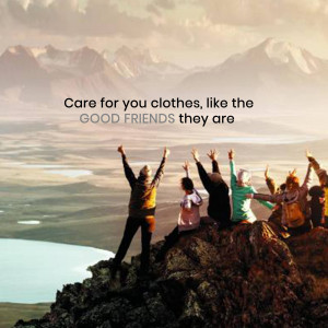 Group of friends celebrating on a mountain top with text about clothing care.
