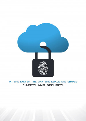 A padlock with a fingerprint scan inside a cloud, representing data security.