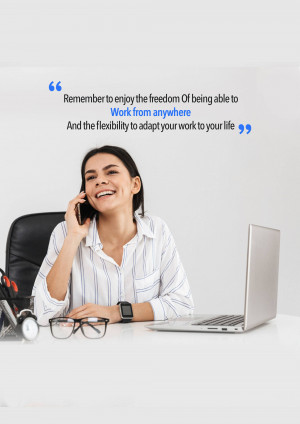Woman working remotely with laptop and phone