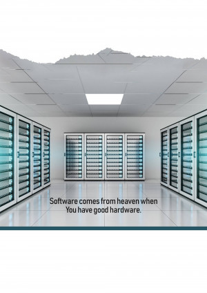 Rows of servers in a data center with a bright ceiling light.