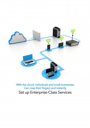 Illustration of a cloud computing network with devices connected wirelessly.