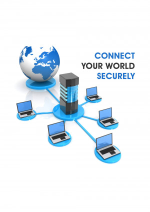 Illustration of a global network with laptops connected to a server.