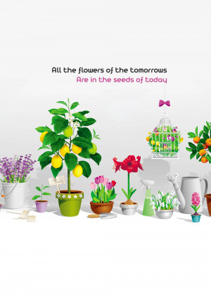 Illustration of plants, flowers, and gardening tools with a motivational quote.