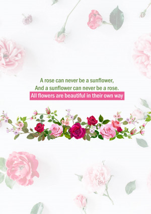 Pink and red roses with a quote about the beauty of all flowers