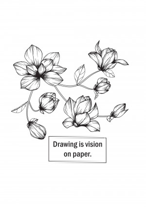 Black and white sketch of magnolia flowers and buds with text