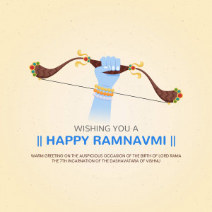 Illustration of Lord Rama's hand holding a bow and arrow with a Ram Navami greeting.