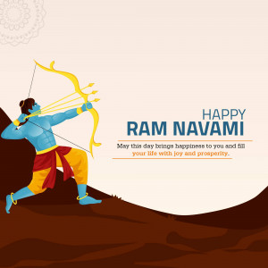 Illustration of Lord Rama aiming his bow and arrow, with 'Happy Ram Navami' text.