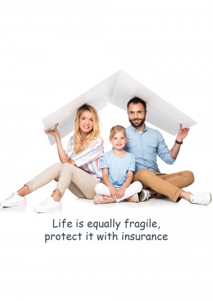 Family under a house shape, promoting insurance