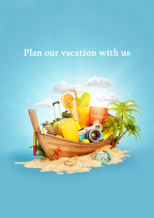 A whimsical illustration of a boat filled with vacation essentials on a tropical island.